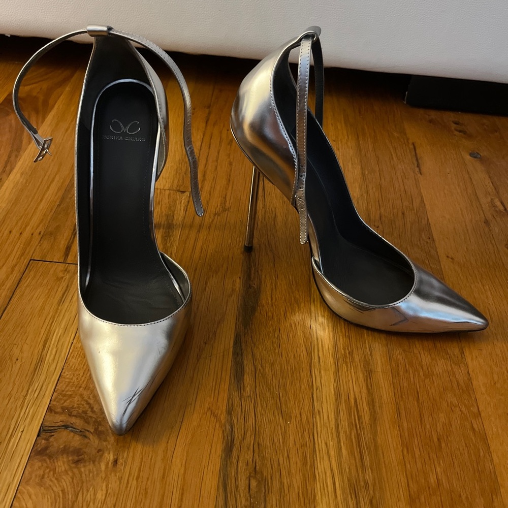 Monika Chiang Silver Leather ankle strap D’Orsay pumps heels shoes 38